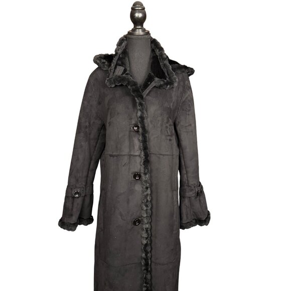 Vintage Black Faux Shearling Coat, Bell Sleeve, Boho Grunge Long Peacoat - Picture 4 of 14